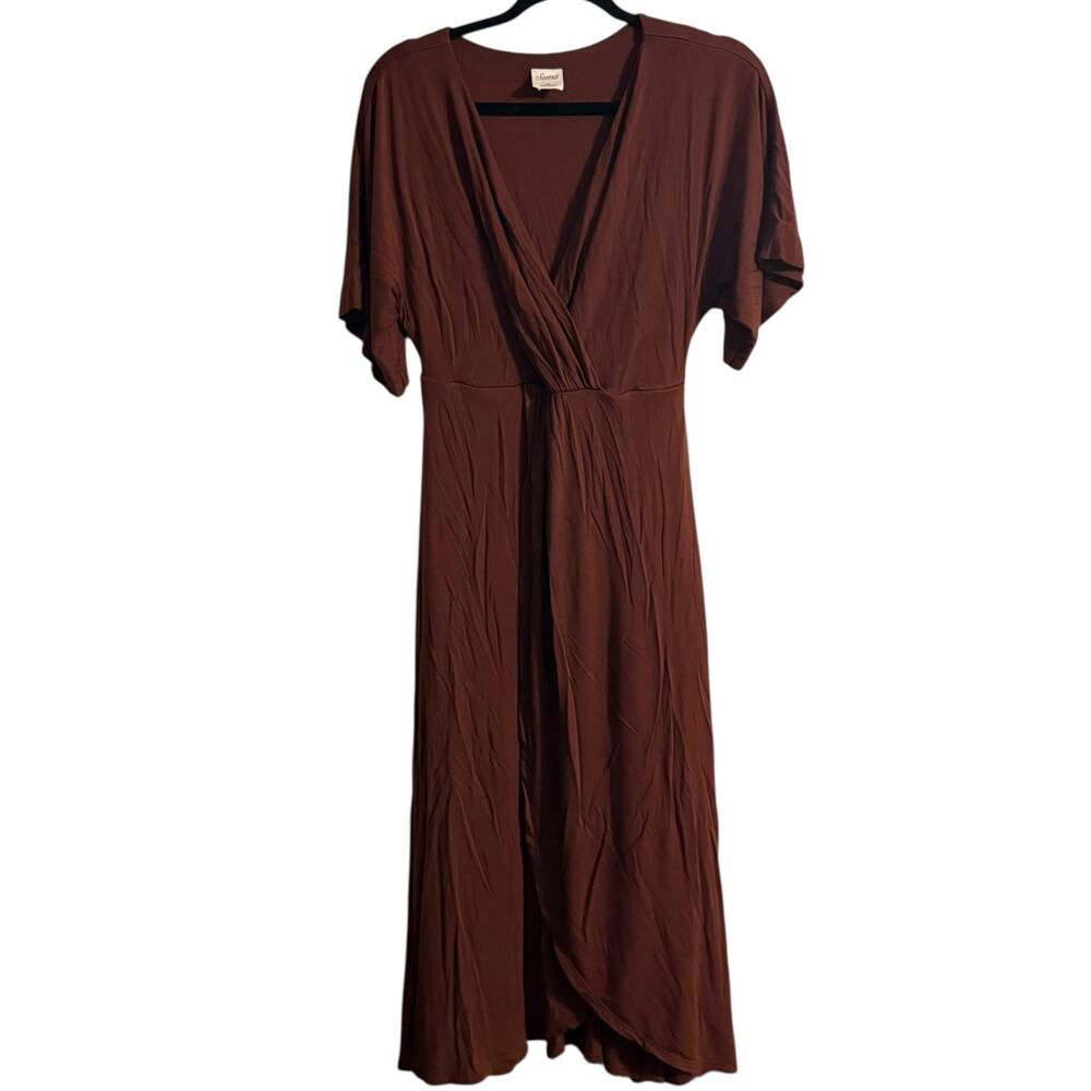 SOMA Deep Burgundy short sleeve v-neck faux wrap buttery soft dress Size XS